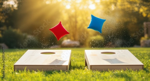Two wooden cornhole boards placed on a green grass lawn under bright sunlight, with a red and a blue bean bag flying mid-air above them, creating a dynamic outdoor backyard game scene.