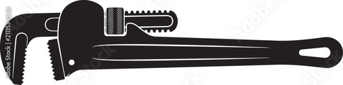 Bild auf Leinwand Black and white silhouette of a heavy-duty pipe wrench, featuring a serrated jaw