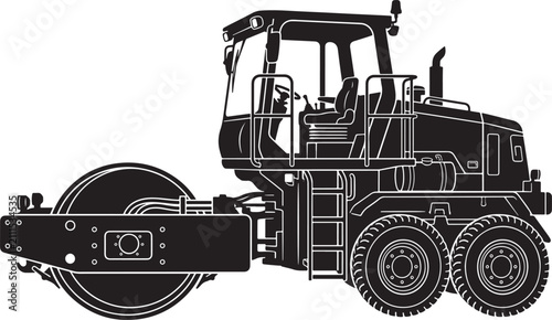 Obraz na płótnie Black and white silhouette of a heavy-duty road roller compactor, side view of c