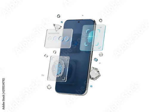 Smartphone with digital interface icons and blue data flow