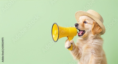 A cute golden retriever puppy wearing a straw hat holds a yellow megaphone up to its mouth against a light green background, looking excited with its mouth open as if announcing an alert.