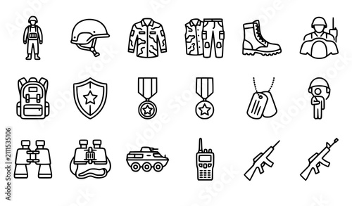 Military soldier army force warrior and equipment editable outline icon set