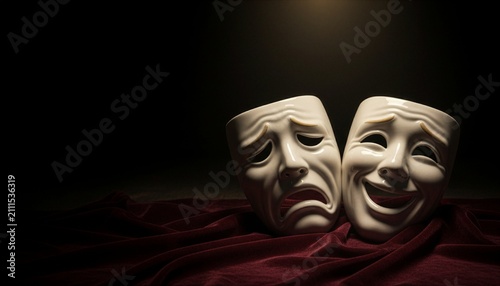 Classic comedy and tragedy theater masks rest on a draped red velvet fabric under a dramatic spotlight, representing drama, performing arts, and dual human emotions against a dark backdrop.