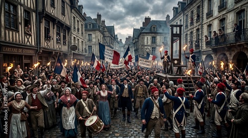 A bustling street scene set during the French Revolution