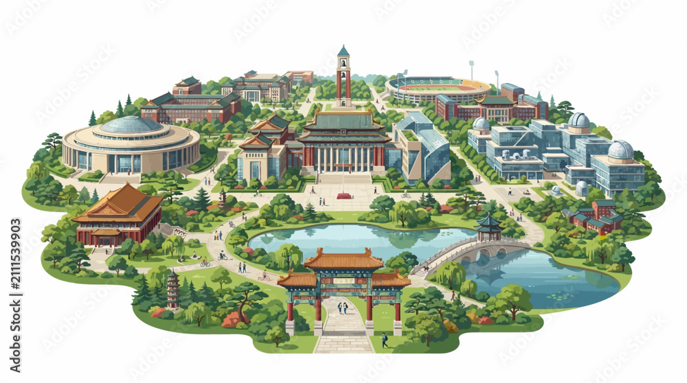 Obraz premium Colorful Illustrated Campus with Traditional and Modern Buildings.