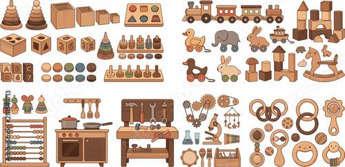 Eco friendly wooden baby toys collection set with sensory stacking rings blocks trains and puzzles vector illustration graphics bundle