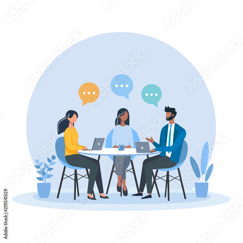 Business team meeting, vector illustration of colleagues discussing project at office desk, brainstorming, speech bubbles, corporate communication, flat design.