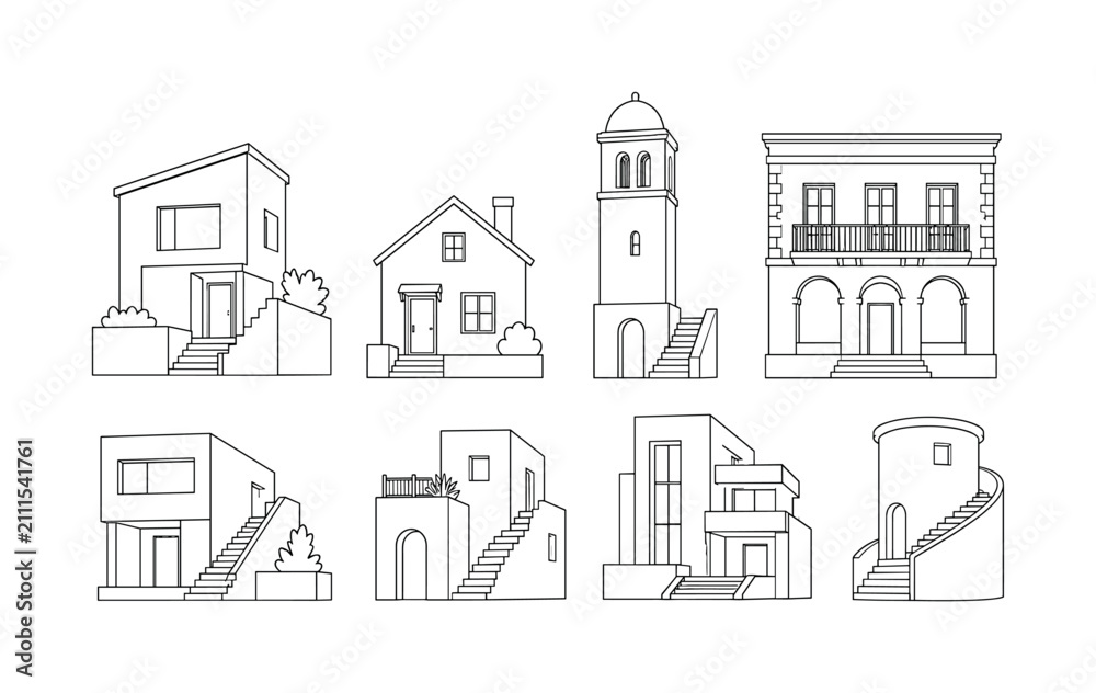 Fototapeta premium Minimalist line art drawings of simple building structures stairs, building, house, home, architecture, tower, simple, minimal,