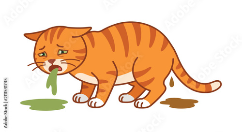 Obraz na płótnie Orange tabby cat vomiting flat vector silhouette