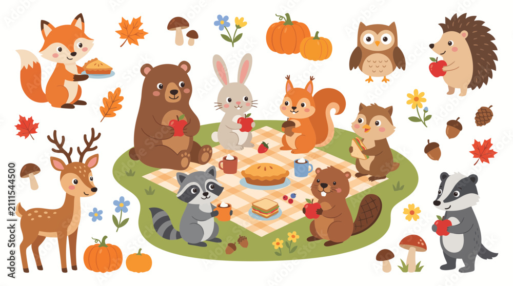 Fototapeta premium Cute woodland animals autumn picnic vector illustration set with bear fox deer raccoon squirrel rabbit badger hedgehog eating pie and apples