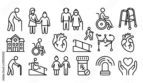 Senior care elderly assistance retirement nursing and accessibility editable line icon collection