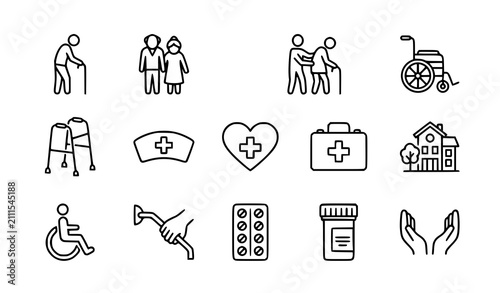 Elderly care senior retirement caregiver nursing accessibility and health support outline icon set