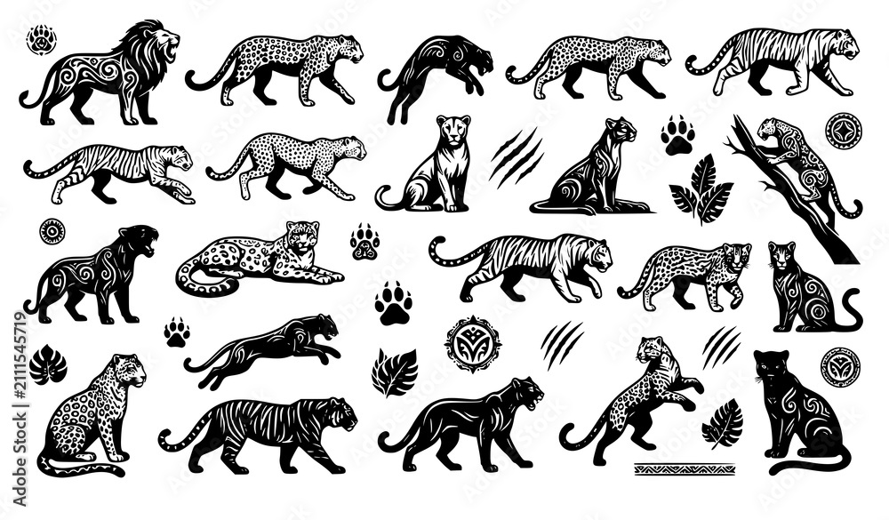 Obraz premium Wild Cat Tribal Silhouette Vector Set with Leopard Panther Jaguar Illustrations