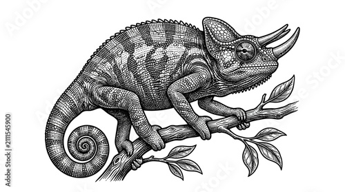 Obraz na plátně Chameleon on tree branch in vintage woodcut style.