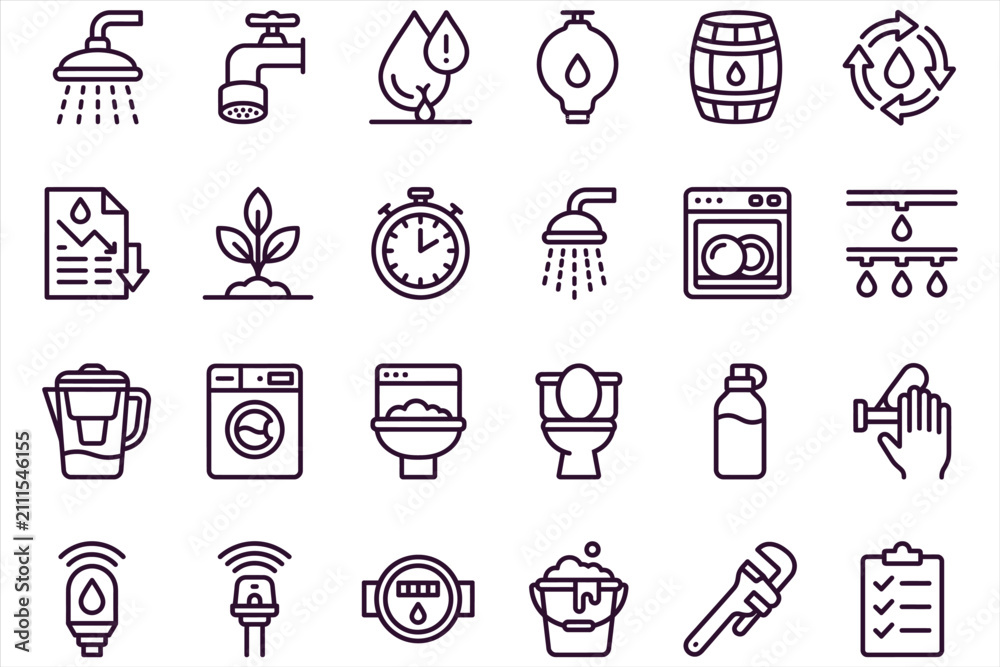 Fototapeta premium Collection of icons representing water conservation, household appliances, and maintenance tasks in a clean modern style