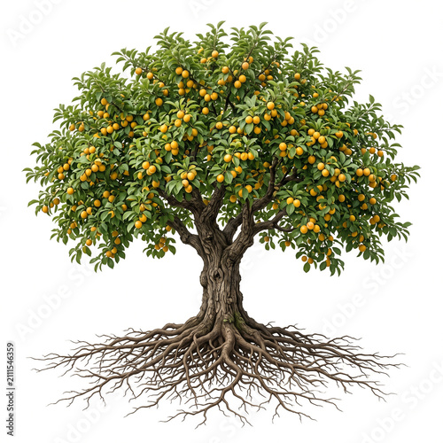 Mirabelle Plum tree, mature full tree bearing small golden-yellow Mirabelle plums, exposed visible roots, 11 ratio, isolated on seamless pure white background