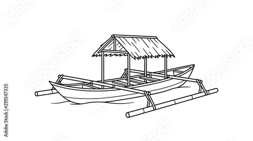 Cuadro en lienzo Traditional outrigger boat with hut line art.