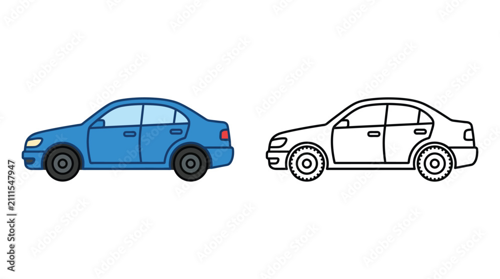 Fototapeta premium Sedan Car Illustration In Color And Black Outline On White Background