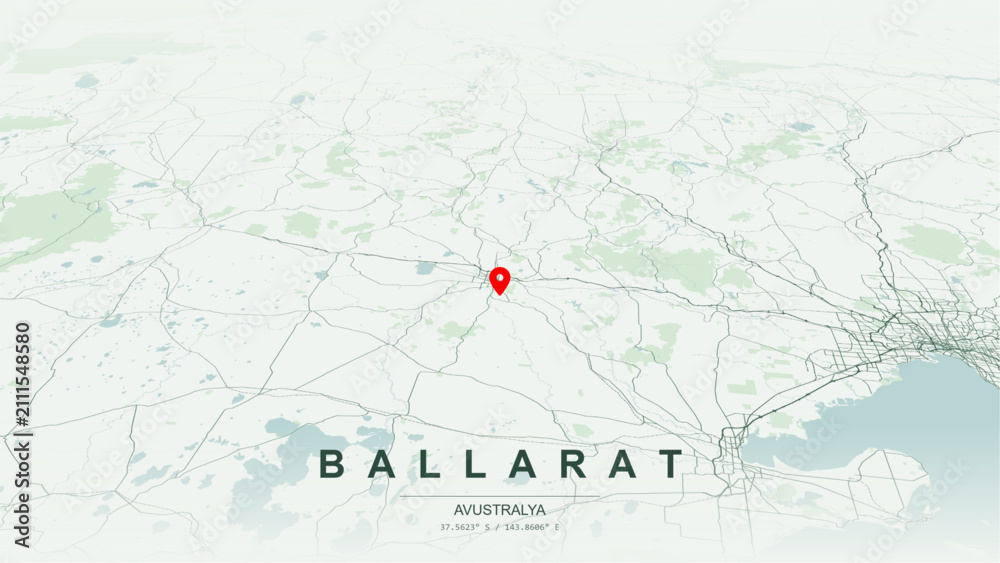 Fototapeta premium Modern minimalist vector map of Ballarat, Victoria. High-quality scalable illustration of Ballarat geographic boundaries along Lake Wendouree foreshore, Yarrowee River contours for posters design.