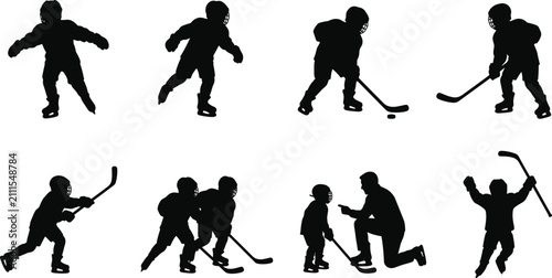 Canvas Print Youth Ice Hockey Player Silhouette Collection Featuring Training, Skating, Coach