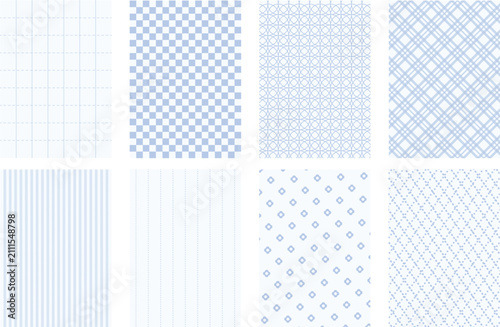 Set of seamless patterns in light blue color, geometric and floral designs for wallpaper, fabric, textile, wrapping paper, and stationery backgrounds