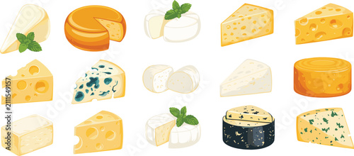 Foto Cheese product varieties flat vector illustration set
