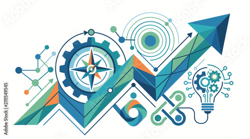 Abstract technology and innovation concept with gears and arrows.