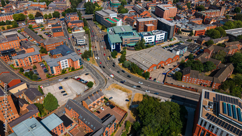 Cuadro en lienzo Derby city center roads junction and urban traffic aerial view
