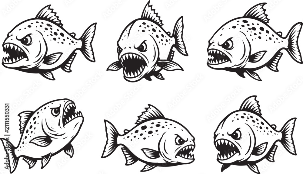 Obraz premium Set of Piranha fish. Hand drawn vector illustration