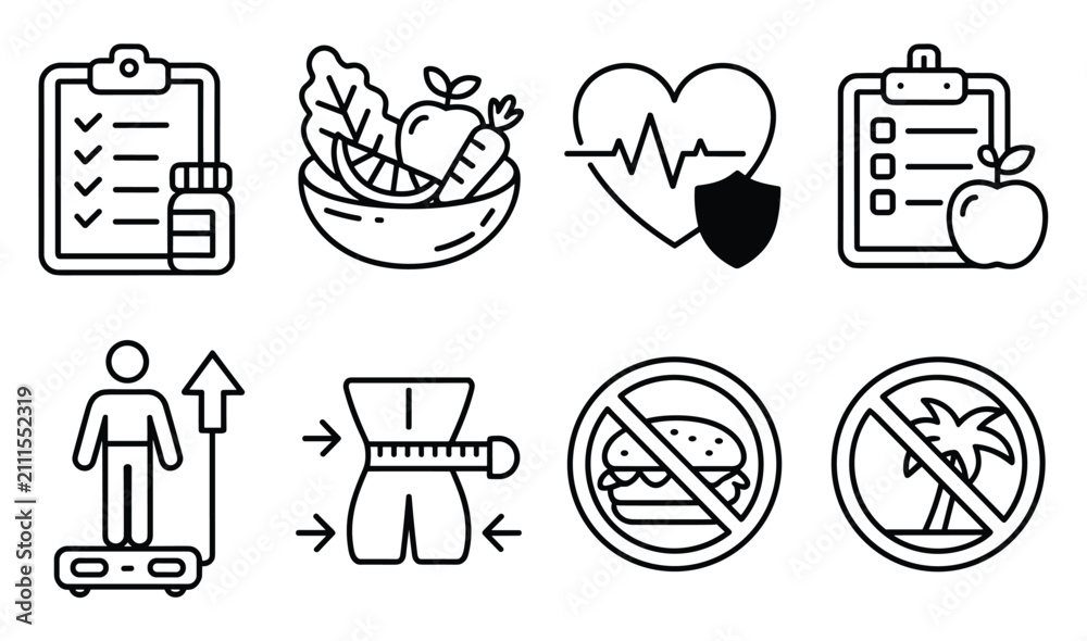 Fototapeta premium Health and Wellness Icons: A collection of black and white vector icons representing healthy lifestyle choices, including diet, exercise, and medical care, presented as a modern infographic.