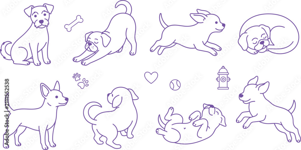 Obraz premium Cute Dog Line Art Set with Puppy Poses and Pet Icons Vector