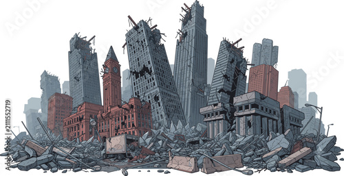 Fotografie Destroyed City Skyline with Collapsed Buildings and Rubble Vector Illustration
