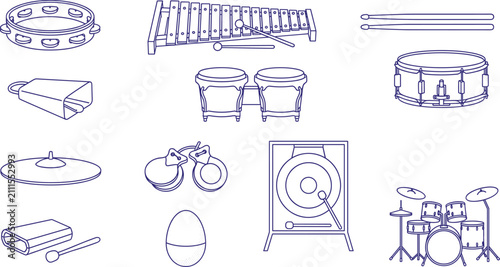 Photography Percussion Musical Instrument Line Art Icon Set Vector Illustration