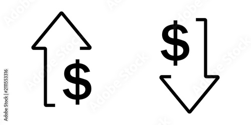 Obraz na plátně Black line icons of dollar sign with up and down arrows representing price chang