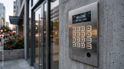 Modern apartment building intercom panel. Digital door entry system for secure access.