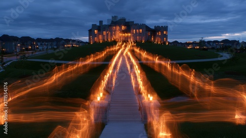 Home stands with glowing light around it at dusk, creating a unique look like a castle with a moat and bridges.