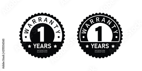 1 years warranty, logo, badge, icon, sticker, emblem, sign, black, flat vector, isolated illustration