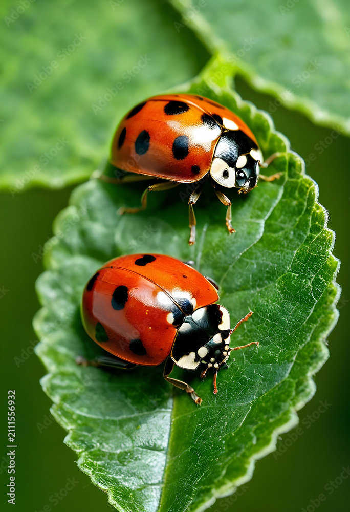 Obraz premium Two ladybugs resting on green leaf close-up