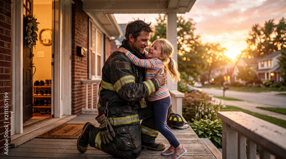 Obraz premium Firefighter returning home, child enthusiastically hugging their father while he is still wearing his protective gear; residential neighborhood at sunset.