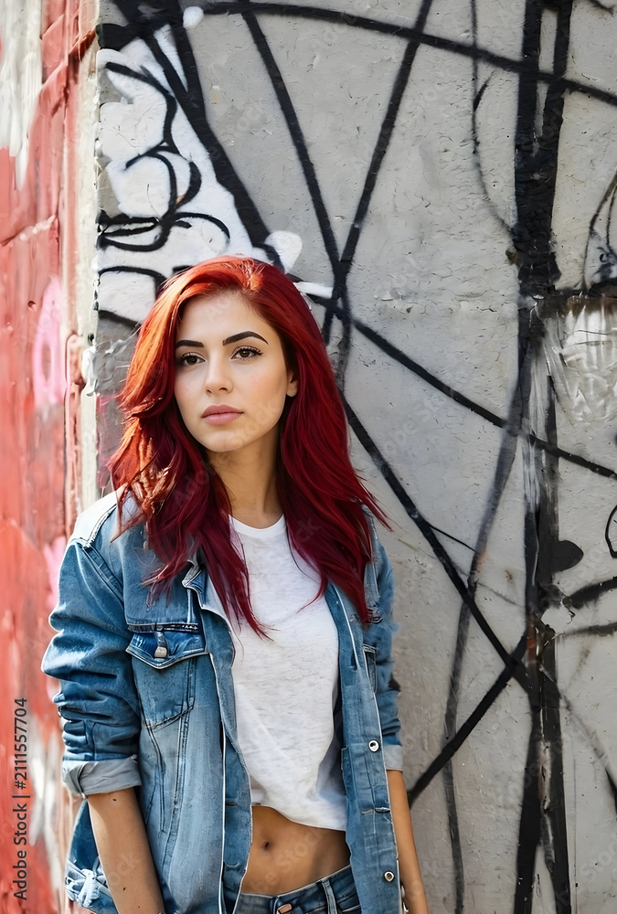 Fototapeta premium Confident young woman with red hair posing by graffiti wall