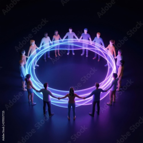 Team of business professionals holding hands in a circle with neon light trails. Collaborative corporate group creating a glowing digital connectio...
