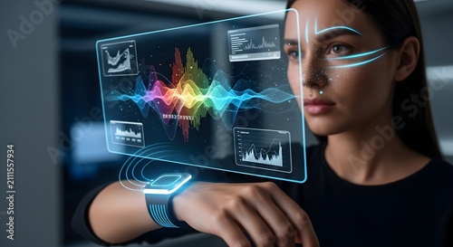 Young woman using futuristic holographic interface with data visualizations and sound waves, smart watch on wrist