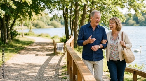 Happy senior couple laughing while strolling by a sunny lake, enjoying companionship and outdoor leisure time