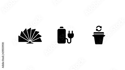 Minimalist black icon set featuring folding fan battery charger and recyclable waste bin symbols with silhouette icons representing battery electrical plug