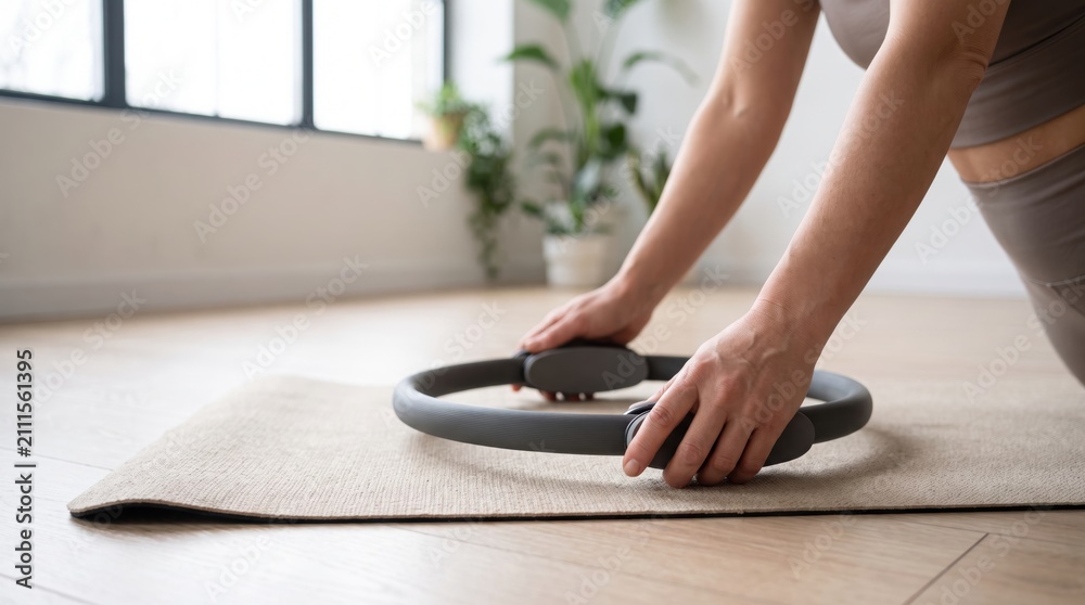 Fototapeta premium Woman pressing a pilates ring on a natural yoga mat during a home workout