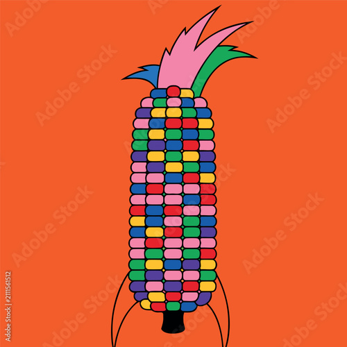 Colorful rainbow corn cob vector illustration with green husk leaves, flat design, bold black background, clean geometric kernels
