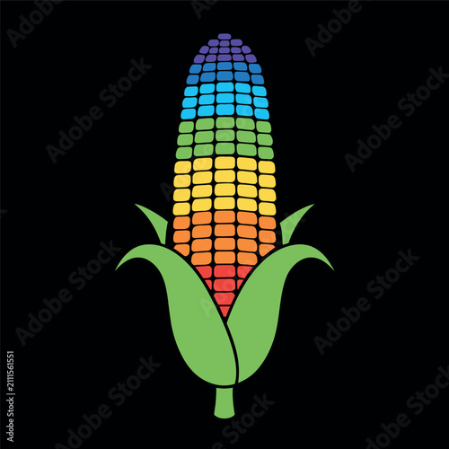 Colorful rainbow corn cob vector illustration with green husk leaves, flat design, bold black background, clean geometric kernels