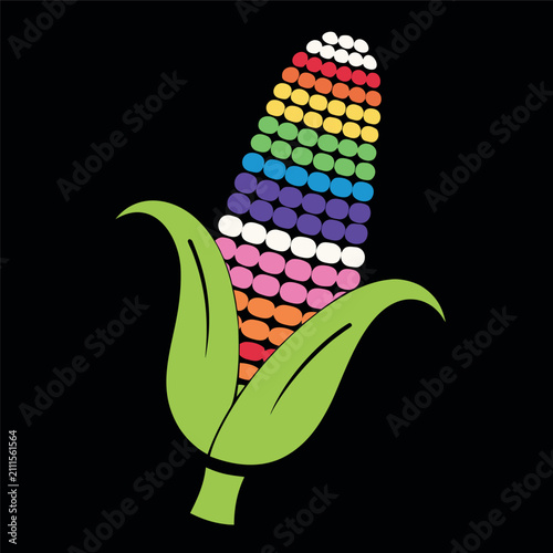 Colorful rainbow corn cob vector illustration with green husk leaves, flat design, bold black background, clean geometric kernels