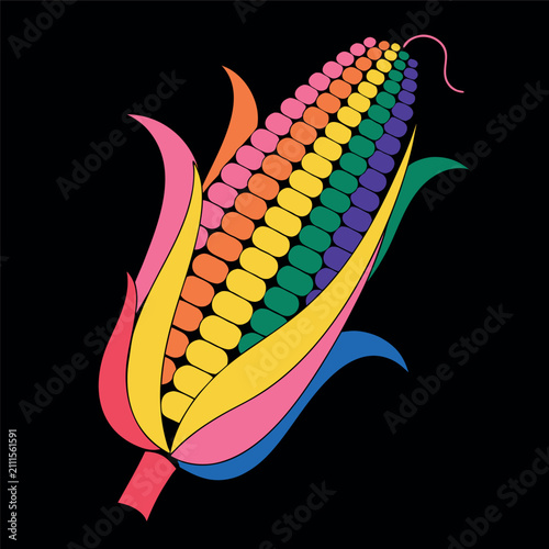 Colorful rainbow corn cob vector illustration with green husk leaves, flat design, bold black background, clean geometric kernels