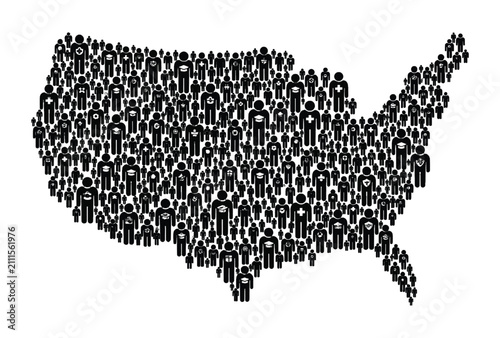Map of the united states of america made of many different people icons representing a diverse population and society